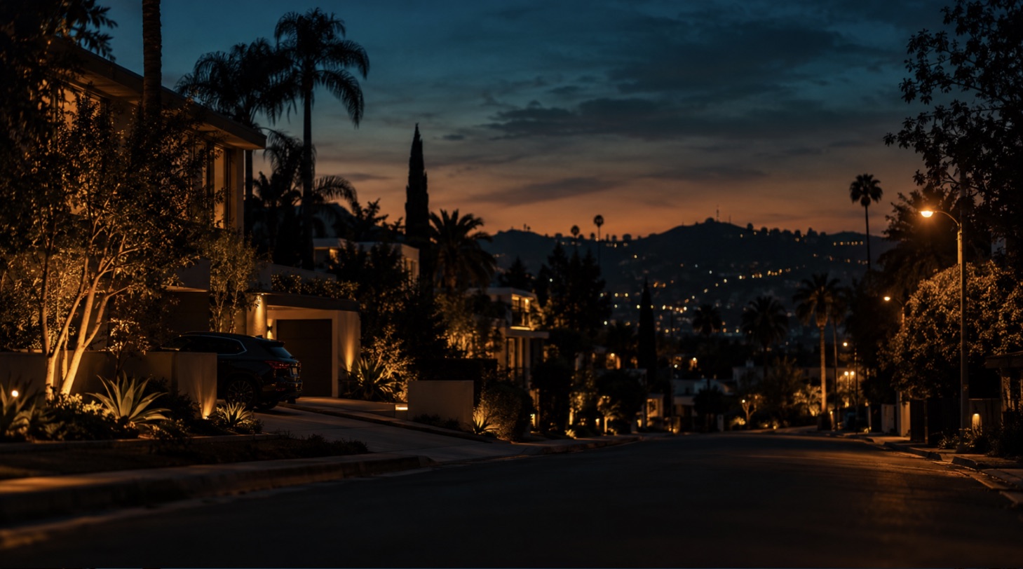 Studio City homes below the Hollywood Hills at dusk